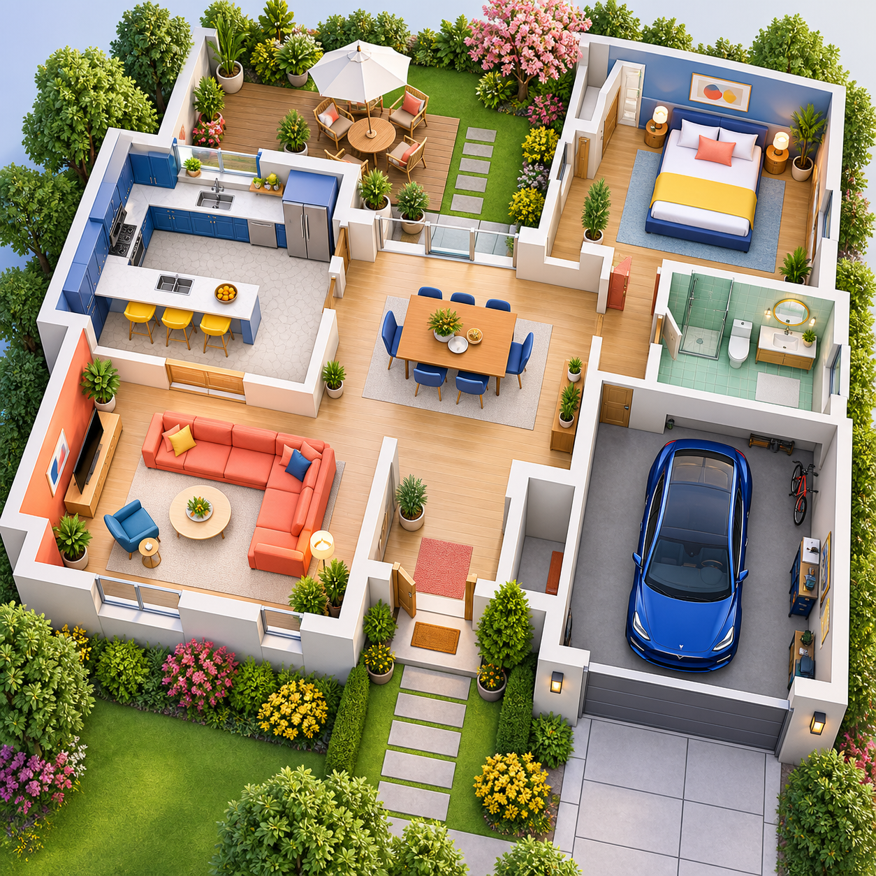 Plano interactivo de una casa con categorías de muebles