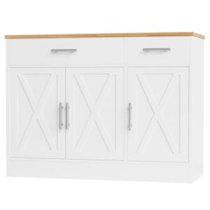 Shintenchi Modern Farmhouse Sideboard Buffet Cabinet with Storage with 3 Doors,42" Barn Doors Buffet Cabinet with Storage, Wood Coffee Bar Cabinets with Adjustable Shelf for Kitchen Living Room,White