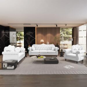 AVZEAR 3-Piece Living Room Sectional Sofa Set, Mid-Century Modern Chesterfield Upholstered Velvet Sofa Couch, Classic Tufted Button White Couch with Nailhead Trim for Living Room, Office (White)