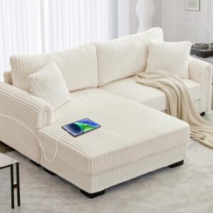 SUNWAVE L-Shaped Sectional Sofa, Oversized Loveseat Corduroy Couch with Reversible Chaise, USB Charging Port, Side Pocket, Deep Seat Corner Couch for Living Room, Apartment (Ivory)