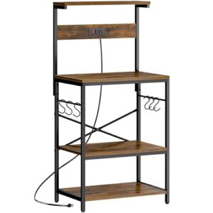 SUPERJARE Kitchen Bakers Rack with Power Outlet, Coffee Bar Table 4 Tiers, Kitchen Microwave Stand with 6 S-shaped Hooks, Storage Shelf Rack for Spices, Pots and Pans - Rustic Brown