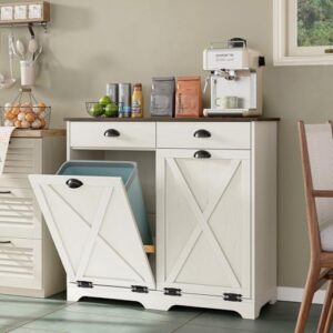 Furniouse Farmhouse Trash Can Cabinet, Double Tilt Out Trash Bin Cabinet with Barn Doors & Hideaway Drawers for Kitchen, Antique White