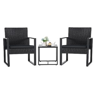 Flamaker 3 Pieces Outdoor Patio Wicker Furniture Set, Modern Rattan Chair Conversation Sets with Coffee Table for Yard and Bistro (Black)