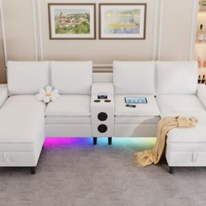 HYZQ Sectional Couches for Living Room, 4 Seat Sectional Sofa with Smart Module-Bluetooth Speaker/RGB Light/Charging Station, Teddy Fleece U Shaped Cloud Couch with Storage Ottoman (White)