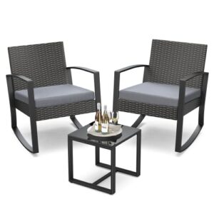Qsun 3 Pieces Outdoor Patio Furniture Set Rocking Bistro Set Outdoor Rattan Conversation with Coffee Table for Garden Balcony Backyard Poolside (Grey Cushion)