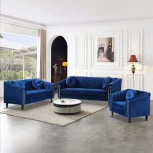 Moderno conjunto de sofá Chesterfield de terciopelo de lujo, sillón de franela, reposabrazos enrollados tapizados para sala de Estar, dormitorio, apartamento (Blue,3 Piece Set)