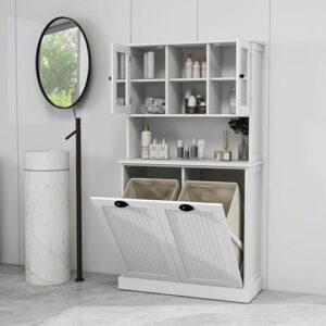 OQSC Tall Tilt-Out Double Doors Laundry Cabinet Hamper, Large Pull Out Laundry Room Storage Cabinets, Bathroom Cabinet with Hidden Laundry Hamper & Glass Doors, White,13 * 2 Gallons