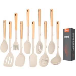 Silicone Cooking Utensils Set of 10 with Wooden Handle,No Scratch for Nonstick Cookware,Slotted Spoon&Spatula,Solid Spoon&Spatula,Large Measuring Ladle,Brush,Rice Paddle,Baking Turner&Flipper (Khaki)