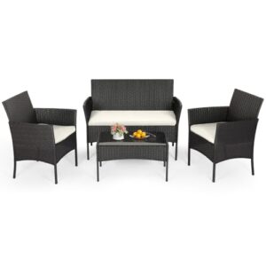 FDW | 4-Piece Patio Furniture Set | Black | Outdoor Wicker Furniture with Coffee Table | Modern Rattan Chairs Conversation Set | Outdoor Seating | Weather-Resistant | for Porch, Garden, Lawn
