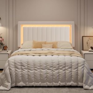 SHA CERLIN Queen Size Velvet Bed Frame with LED Light, Adjustable Vertical Channel Tufted Headboard, Strong Wooden Slats Support, Noise-Free, No Box Spring Needed, White