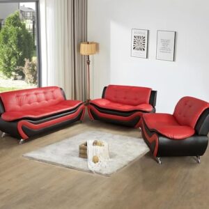 Moderno sofá de Cuero en contraste Rojo y Negro de lujo, combinación de 3 plazas + 2 plazas + sillón, conjunto de muebles de sala de Estar de Estilo nórdico Simple (Sofa+Loveseat+Chair,Red/Black)