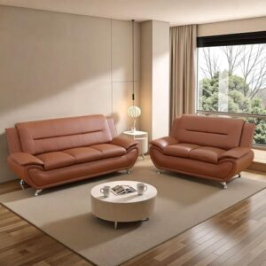 Combinación de sofá de Cuero de lujo moderno, 3 plazas + 2 plazas + sillón, conjunto de muebles de sala de Estar de Estilo nórdico Simple (Sofa+Loveseat,Orange)