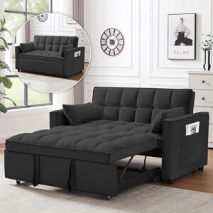 3 In 1 Velvet Convertible Sofa Bed, Pull Out Couch Bed with Reclining Backrest And 2 Pillows, 54" Full Size Loveseat Sleeper Sofa Futon Couch Beds, Couches For Small Spaces, Living Room (Black)