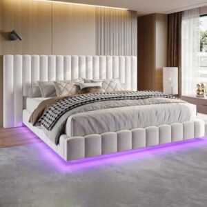 Jocisland Queen Bed Frame with LED Lights and Upholstered Oversized Headboard, Modern Velvet Platform with Floating Design, No Box Spring Needed, Cream