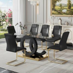 63" Glass Dining Table Set for 6, Modern Dining Table Set for 6, Tempered Glass Tabletop with Black OC-Shaped Legs and Gold Base, Black Gold Kitchen Table Set with 6 Cantilever Upholstered Chairs