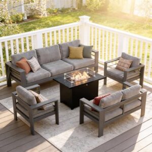 Outdoor Conversation Sets, Aluminum Patio Couch Sets with Propane Fire Pit Table, All-Weather Patio Couch with 5" Thick Soft Cushion and 43'' Firepit Table, Outdoor Sofa Sets for Balcony, Dark Gray