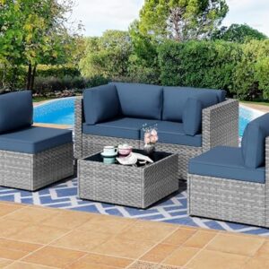 Shintenchi 5 Pieces Outdoor Patio Furniture Sets, Patio Sectional Sofa Couch, Gray PE Wicker Furniture Modular Patio Conversation Sets Patio Sofa with Washable Cushions & Table（Aegean Blue）