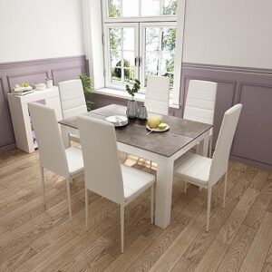 Dining Table and Chairs Set 6, 7 Pieces Kitchen Table Set with High Back Faux Leather Chair for Dining Room Kitchen Rectangular Modern (Grey)