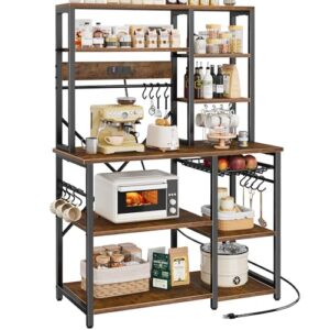 SUPERJARE Large Bakers Rack with Power Outlets, 6-Tier Microwave Stand, Coffee Bar with 12 S-Shaped Hooks, Kitchen Shelf with Wire Basket, 39.4 x 14.6 x 66.9 Inches, Rustic Brown