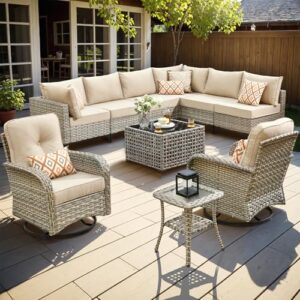 POUUIN Outdoor Sectional Patio Furniture Set with Swivel Rocking Chairs,10 Pieces Wicker Conversation Sets L Shaped Couch Out Door Sofa Set Outside Furniture for Garden Deck Yard Porch,Beige