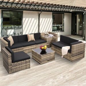KROFEM 8 Pieces Outdoor Wicker Rattan Patio Furniture Sectional Set, Glass Top Table with Hidden Storage, 7 Sofa Sections, Oversized Cushions, Natural Color Rattan with Black Cushion