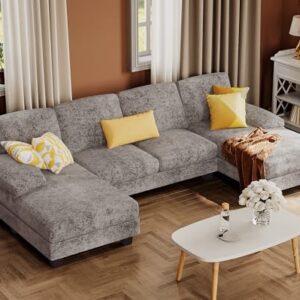 Furmax Sectional Couches for Living Room, U-Shaped Sofa Couch with Linen Fabric, 4 Seat Sofa Set with Double Chaise for Apartment (Fabric, Grey)