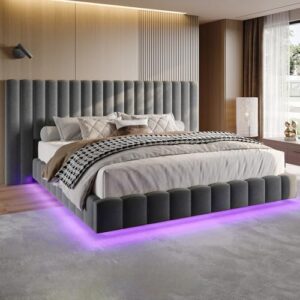 Jocisland King Bed Frame with LED Lights and Upholstered Oversized Headboard, Modern Velvet Platform with Floating Design, No Box Spring Needed, Grey