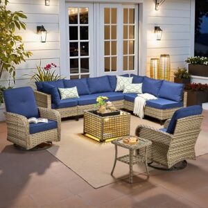 CAODOC Outdoor Sectional Patio Furniture Set,10 Pieces Wicker Conversation Sets L Shaped Couch,Out Door Sofa Outside Furniture with Swivel Chairs,Blue