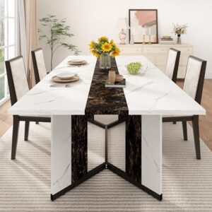 71 inch Dining Table for 4 5 6 | Modern White&Black Rectangular Kitchen Table W/Waterproof Wood Tabletop,Farmhouse Long Dining Room Tables W/Adjustable Legs&Wood Strip Base for Kitchen Living Room