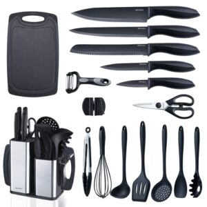 RAXCO Kitchen Utensils Set For Cooking-7 Cooking Utensils,5 Kitchen Utensils,6 Knife set,utensilios de cocina(18-in-1) (Black)