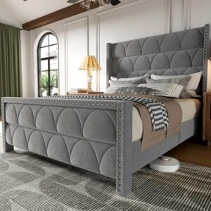OHOHOLIVE Queen Size Bed Frame with 56" Headboard - Velvet Upholstered Wingback Platform Bed Frame, Noise Free, Sturdy Wooden Slat Support (Deep Gray, Queen)