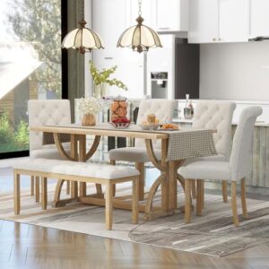 Merax Solid Wood Kitchen Dining Room Table Set with Bench and Chairs for 6 Persons, Dining Table Set with with Rectangulars Table and Upholstered Seat, Natural Wood Wash