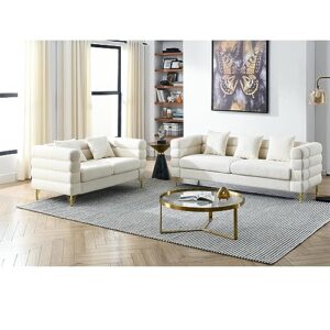 White Sofa Set Living Room Furniture Sets, Comfy Couch and Loveseat, Teddy Boucle Fluffy Tufted 3 Seater Cloud Couch Sets for Bedroom Office juegos de muebles de sala Modern Soft Cushioned& Golden Leg