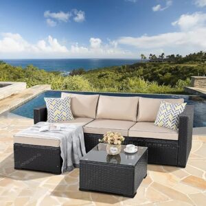 3 Pcs Patio Furniture Set,Outdoor Sectional Sofa with Washable Khaki Cushions,Black Wicker Outdoor Conversation Set with Glass Table,All-Weather Patio Rattan Sofa Couch for Poolside,Garden,Backyard