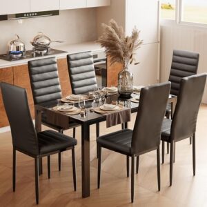 Bealife Kitchen Dining Table Set for 6, Tempered Glass 7 Piece Table and Chairs Set Modern for Home, Kitchen, Living Room, Dining Room,Black