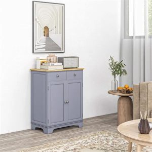 Gabinete de cocina gris con dos cajones y estantes ajustables