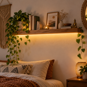 Repisa flotante bohemia con luces LED y plantas